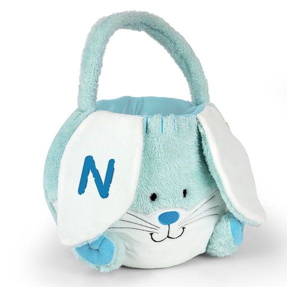 Personalized Blue Fuzzy Easter Bunny Basket With Initial
