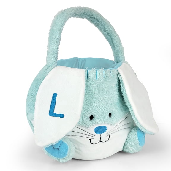 Personalized Blue Fuzzy Easter Bunny Basket With Initial