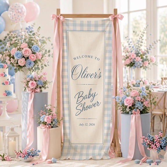 Personalized Blue Gingham Linen Welcome Banner, Custom Name Fabric Sign for Party Backdrop Decor