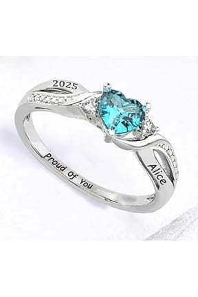 Personalized Blue Heart Shape Stone Ring With Custom Name Year Inside Engraving Ring For Univercity Students 925 Sterling Silver