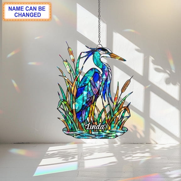 Personalized Blue Heron Acrylic Suncatcher, Custom Name Holographic Window Hanging Decor, Bird Lover Gift