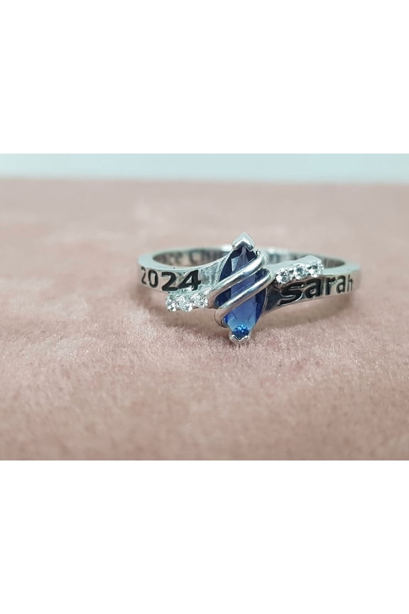 Personalized Blue Marquise Cut Side Accent Stone Customized Name,Year And Inside engraved Stylish High School Class Ring 925 Sterling Silver