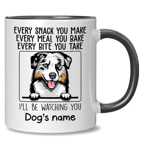 Personalized Blue Merle Australian Shepherd Accent Mug, Every Snack You Make I'll Be Watching You, Customized Dog Coffee Mugs for Mom Dad, Custom Dog's Name, Ideas Gifts for Mothers Day, Fathers Day