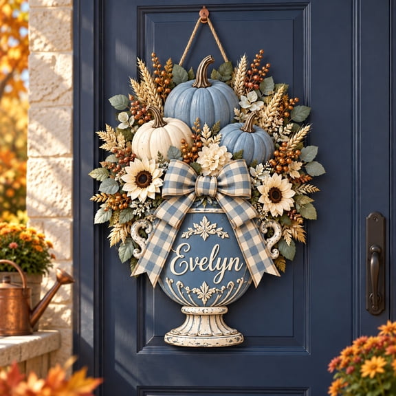 Personalized Blue Pumpkin Harvest Urn Wooden Sign Door Hanger Fall Gift