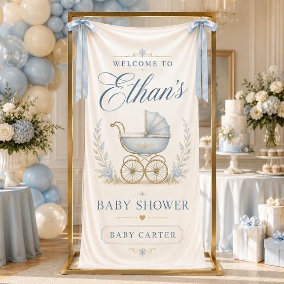 Personalized Blue Ribbon Fabric Welcome Banner, Custom Name and Date Backdrop, Elegant Party Sign Decor