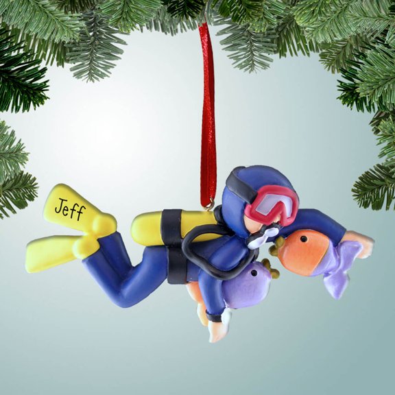 Personalized Blue SCUBA Diver with Fish Christmas Ornament - Snorkeling - Great Barrier Reef - Tropical - Caribbean - Great Gift Ideas