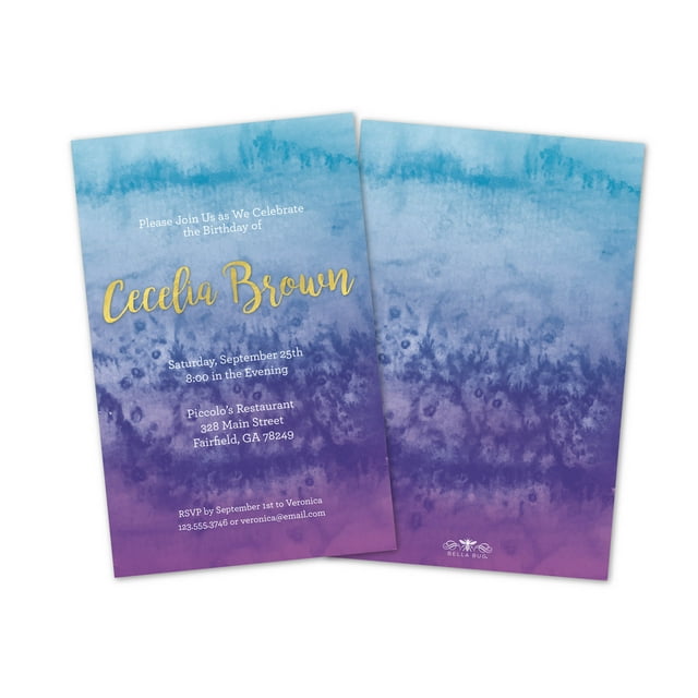 Personalized Blue and Purple Watercolor Birthday Party Invitations