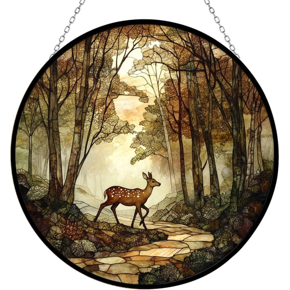 Personalized Boho Gentle Deer and Forest Path Suncatchers for Windows, Stained Glass Window Hangings,Hand-Painted Glass Panel Perfect for Home Décor