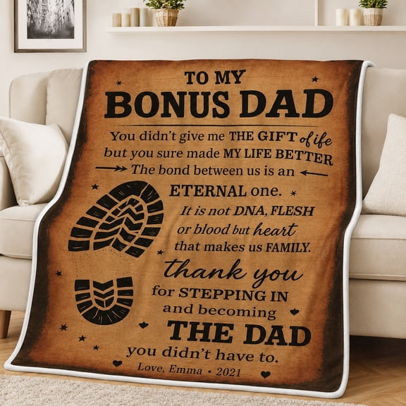 Personalized Bonus Dad Fleece Blanket, Custom Text Name Date 280gsm Polyester Throw Blanket, Gift for Stepdad