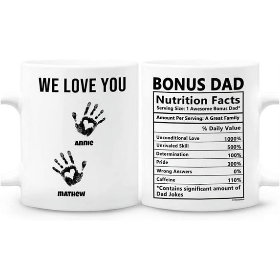 Personalized Bonus Dad Mug Dads Nutrition Facts Coffee Mugs Cup 11oz 15oz Birthday Christmas Father's Day Gifts From Daughter Son For Best Stepdad Step Fathers Daddy Papa Custom Name (2 Kids)