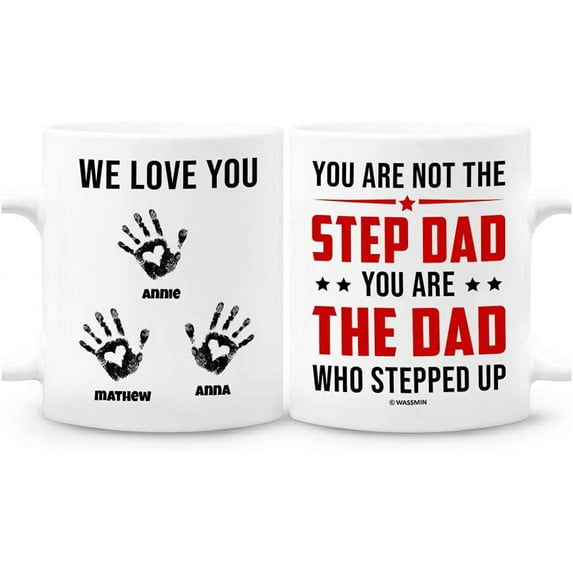 Personalized Bonus Dad Mug Stepped Up Dads Coffee Mugs Cup 11oz 15oz Birthday Christmas Father's Day Gifts From Daughter Son For Best Stepdad Stepdad Fathers Daddy Papa Custom Name (3 KIDS)