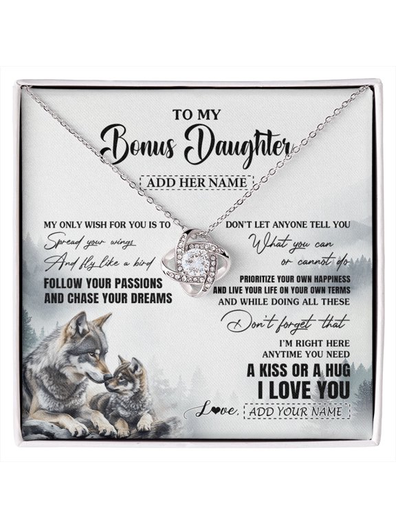 Personalized To My Bonus Daughter Gifts Necklace From Stepmom Wolf My Only Wish For You Stepdaughter Birthday Gifts Graduation Christmas Gift Box Message Card, White Love Knot Necklace