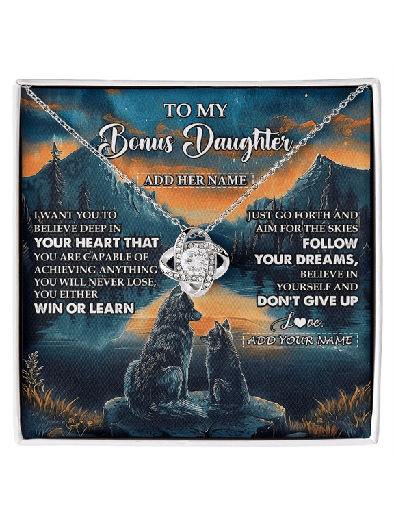 Personalized To My Bonus Daughter Gifts From Step Mom Necklace Don't Give Up Wolf Gifts For Stepdaughter Birthday Graduation Christmas Gift Box Message Card, White Love Knot Necklace