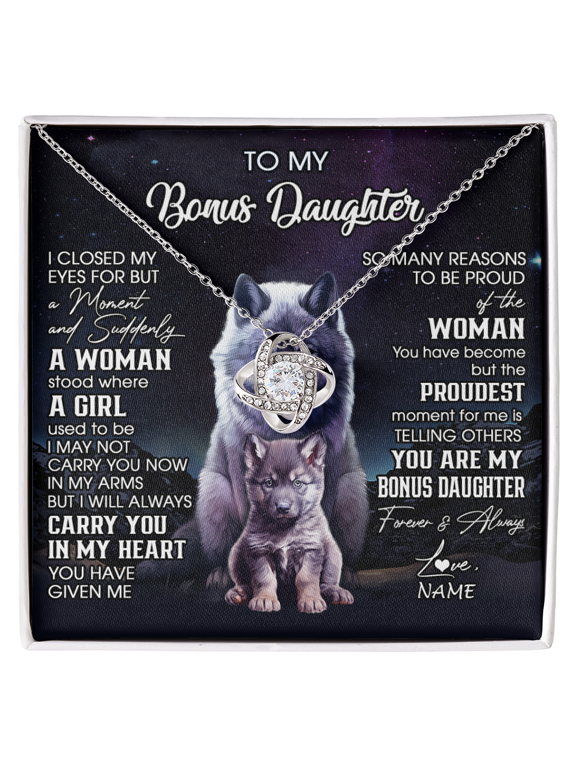 Personalized To My Bonus Daughter Necklace From Stepdad Mom I Close My Eyes Wolf Birthday Gifts Jewelry Graduation Christmas Customized Gift Box Message Card, White Love Knot Necklace