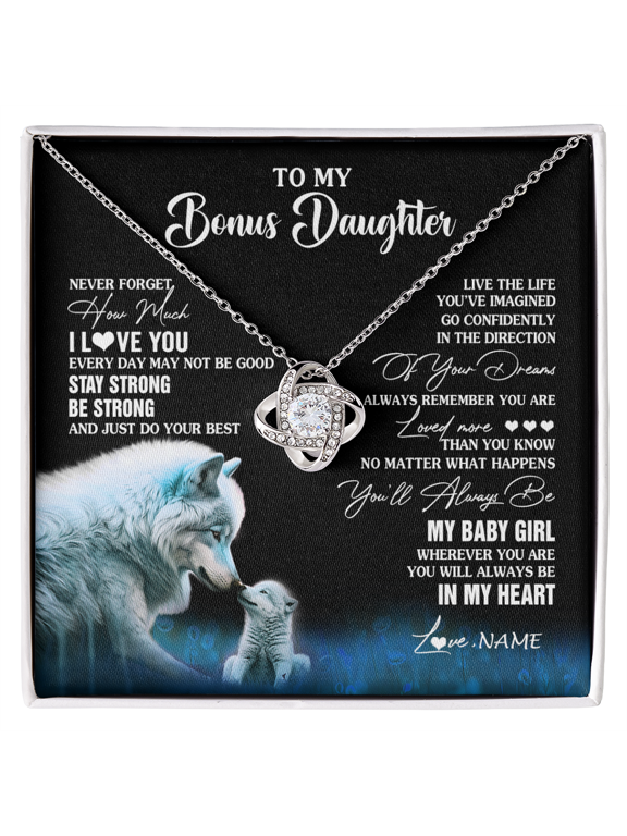 Personalized To My Bonus Daughter Necklace From Stepdad Mom Wolf Never Forget How Much I Love You Birthday Gifts Christmas Customized Gift Box Message Card, White Love Knot Necklace