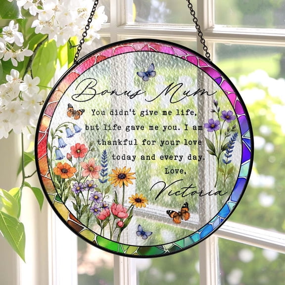 Personalized Bonus Mum Stained Glass Suncatcher, Custom Step Mom Window Hanging, Mother’s Day Keepsake Decor, Thank You Gift, 3.5 in