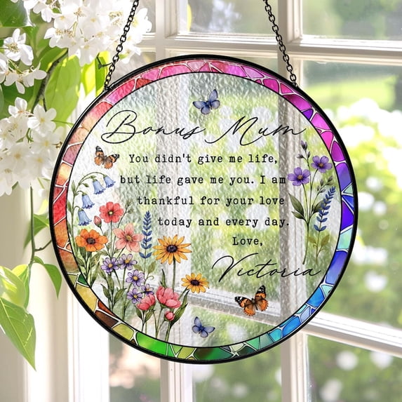 Personalized Bonus Mum Stained Glass Suncatcher, Custom Step Mom Window Hanging, Mother’s Day Keepsake Decor, Thank You Gift, 7.9 in