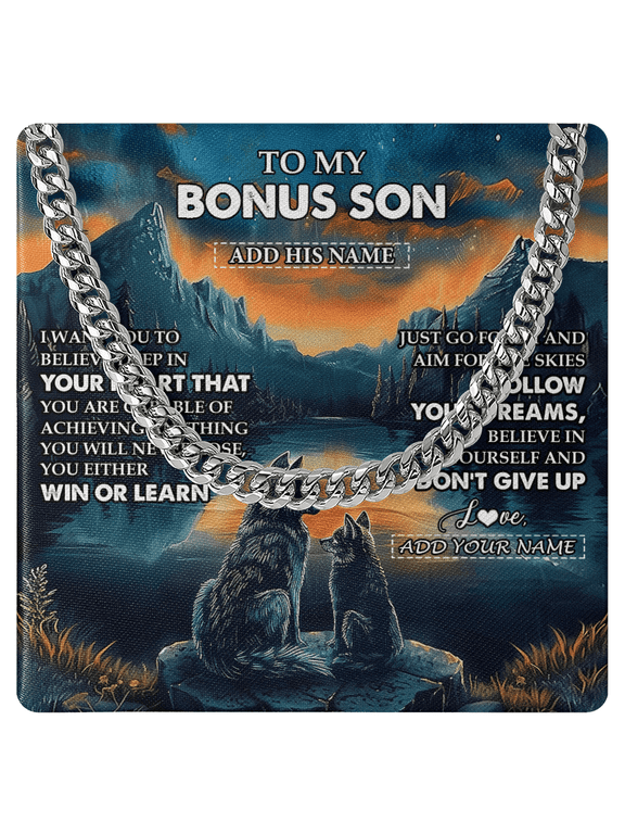 Personalized To My Bonus Son Gifts From Stepmother Stepdad Necklace Don't Give Up Wolf Gifts For Stepson Birthday Graduation Christmas Gift Box Message Card, White Cuban Link Necklace