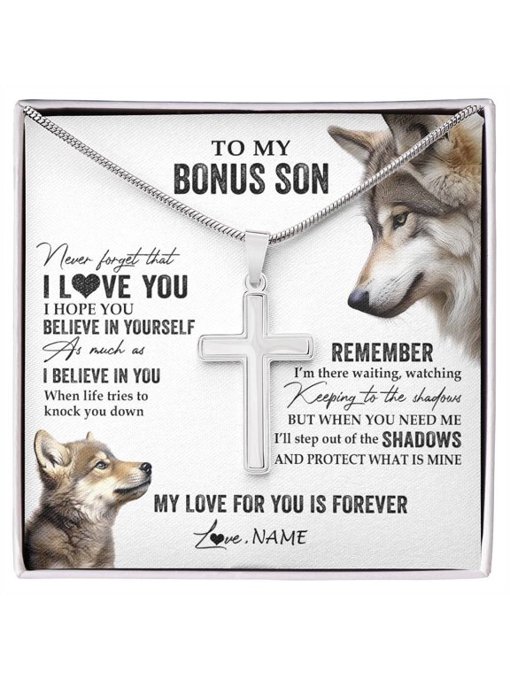 Personalized To My Bonus Son Necklace From Stepdad Mom Wolf My Love For You Is Forever Stepson Birthday Graduation Christmas Customized Gift Box Message Card, Multi Cross Necklace