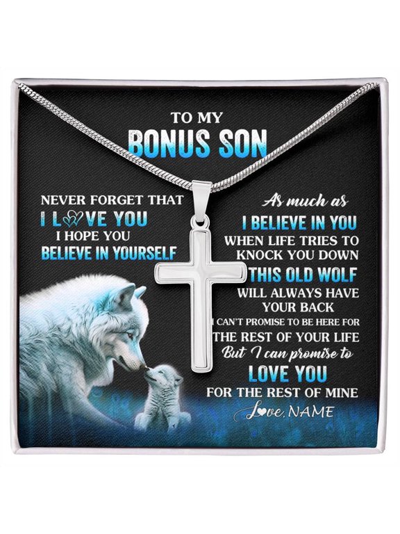 Personalized To My Bonus Son Necklace From Stepdad Stepmom This Old Wolf Love Stepson Birthday Gifts Graduation Christmas Customized Gift Box Message Card, Multi Cross Necklace