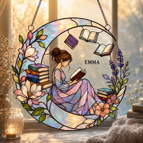 Personalized Book Lover Acrylic Suncatcher, Custom Name 2D Flat Window Hanging Decor, Book Lover Gift