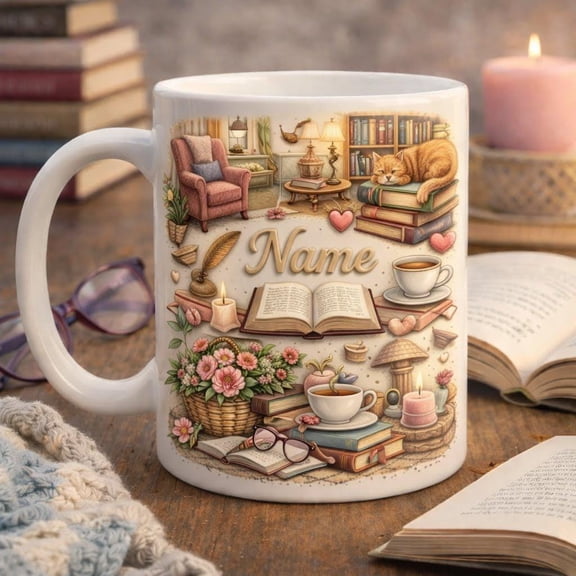 Personalized Book Lover Mom Mug, Custom Name Reading Coffee Cup, Cozy Bibliophile Gift