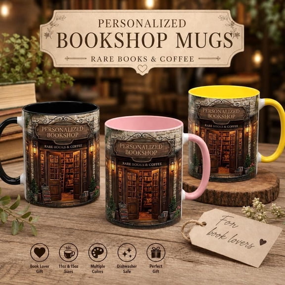 Personalized Book Lover Mug, Custom Bookshop Coffee Cup, Dark Academia Aesthetic, Bookish Gift for Her, Cozy Reading Accent Coffee Mug