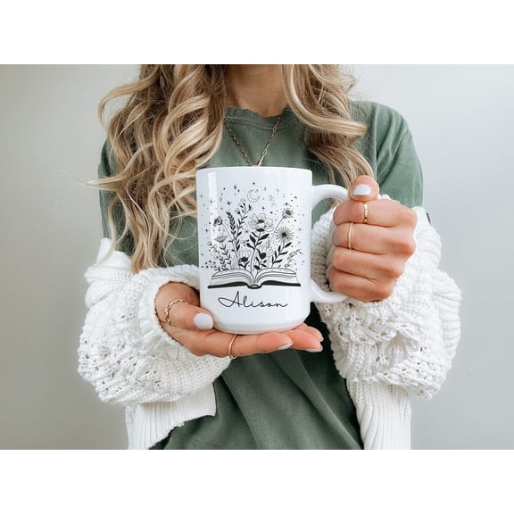 Personalized Book Lover Mug Custom Reader Gift, Bookish Wildflowers Coffee Cup, Librarian/Bookworm Present