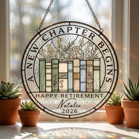 Personalized Book Retirement Stained Glass Style Suncatcher for Windows, UV Printed Glass Hanging Ornament, New Chapter Reading Nook Decor, Retirement Gift for Women and Men size 3.54in
