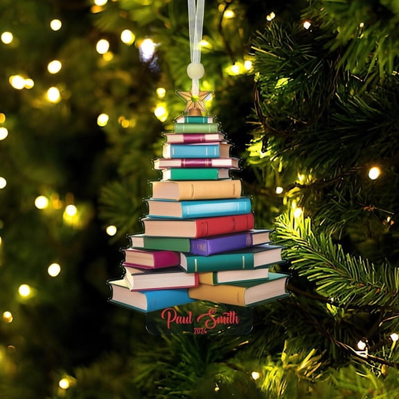 Personalized Book Tree Christmas Ornament, Custom Book Lover Holiday Decor, Librarian Gift, Book Club Exchange Gift, Bookworm Christmas Ornament