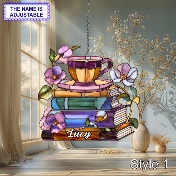 Personalized Book and Teacup Acrylic Suncatcher, Custom Name 2D Flat Window Hanging Decor, Book Lover Gift