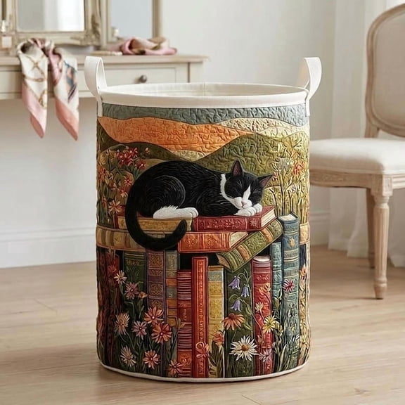 Personalized Bookish Cat Quilted Laundry Basket: Book Lovers Hamper, Custom Breed Cat Storage Bin