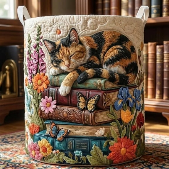 Personalized Bookish Cat Quilted Laundry Basket: Custom Cat Hamper, Pet Lover Gift