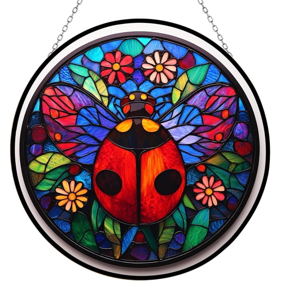 Personalized Botanical Ladybug Stained Glass Window Hangings, Handcrafted Stained Glass Suncatchers, Gift for Cat Lovers Nature Lovers