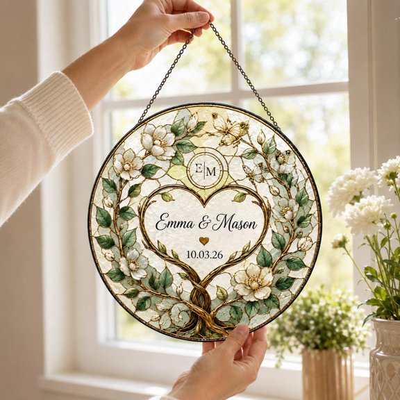 Personalized Botanical Wedding Wreath Monogram Suncatcher, Acrylic, 6 Inch Round, Custom Names and Date, Hanging Window Decor, Wedding Gift by Solaria Suncatcher