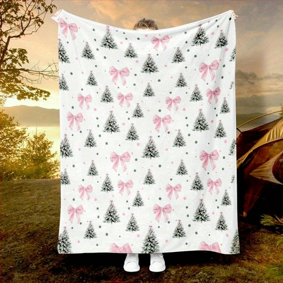 Personalized Bow, Christmas Tree, Pattern Printed Flannel Blanket, Soft and Warm Blanket Multi-Functional Gift Blanket, Suitable for All Seasons