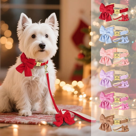 Personalized Bow Tie Dog Collar with Leash set Soft & Comfy Velvet Pet Puppy Adjustable Neck Strap Engraved Name ID Buckle