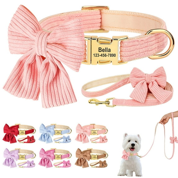Personalized Bow Tie Dog Collar with Leash set Soft & Comfy Velvet Pet Puppy Adjustable Neck Strap Engraved Name ID Buckle