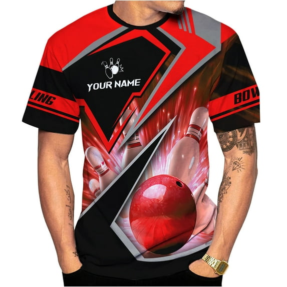 Personalized Bowling 3D Shirt, Custom Team Name and Name Bowler Gift shirt, 3D All Over Printed Shirt for Men Women (Red, S)