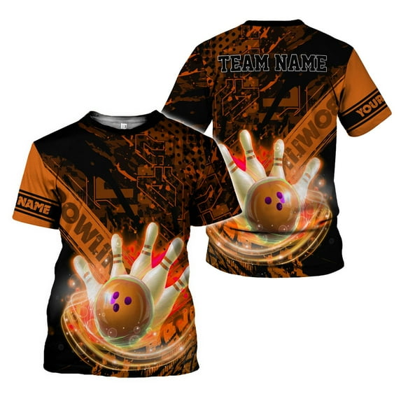 Personalized Bowling 3D Shirt for Men Women, Custom Name and Team Name Bowler Gift shirt, 3D All Over Printed Shirt (Orange, 5XL)