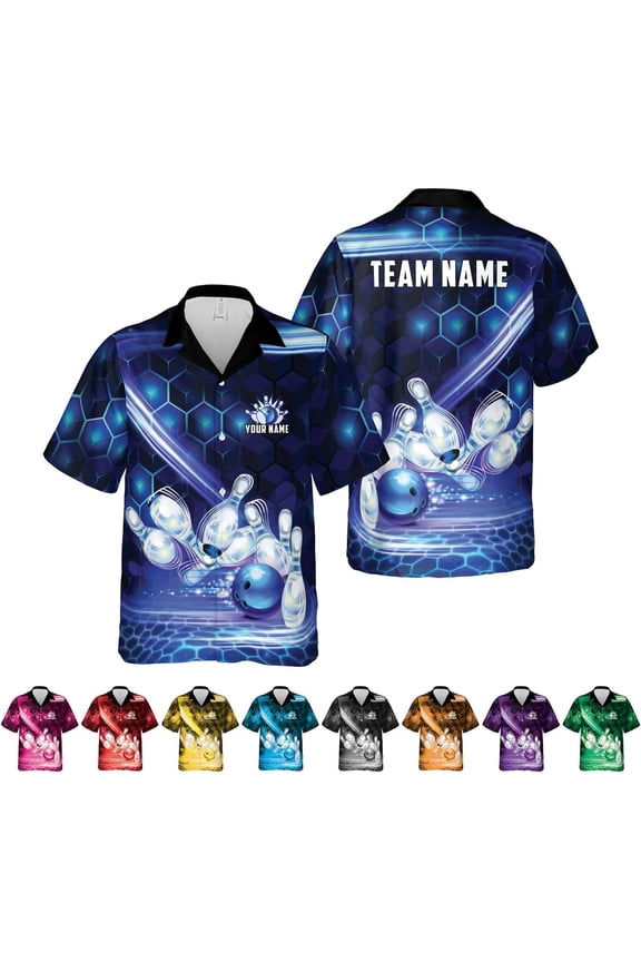 Personalized Bowling Hawaiian Shirt 3D Bowling Hawaiian Gifts Men Bowling Button-Down Short Sleeve Hawaiian Shirt (Blue, S)