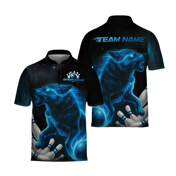 Personalized Bowling Jersey Blue Wolf Bowling Shirt for Team 1/4 Zipper