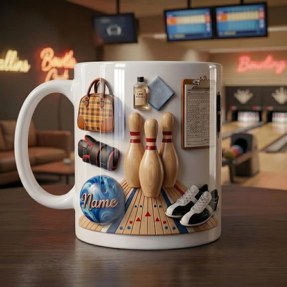 Personalized Bowling Mug, Faux 3D Effect Coffee Cup, Strike Time Game Gift