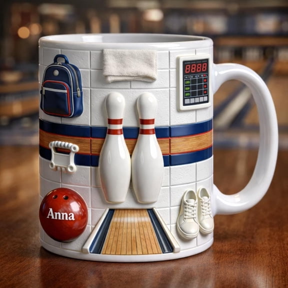 Personalized Bowling Mug Gift, Custom Name Bowling Coffee Cup, Pins Ball Alley Design, Gift for Bowler Her Him