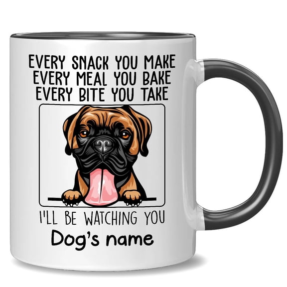 Personalized Boxer Coffee Accent Mug, Every Snack You Make I'll Be Watching You, Customized Dog Coffee Mugs for Mom Dad, Custom Dog's Name, Ideas Gifts for Mothers Day, Fathers Day