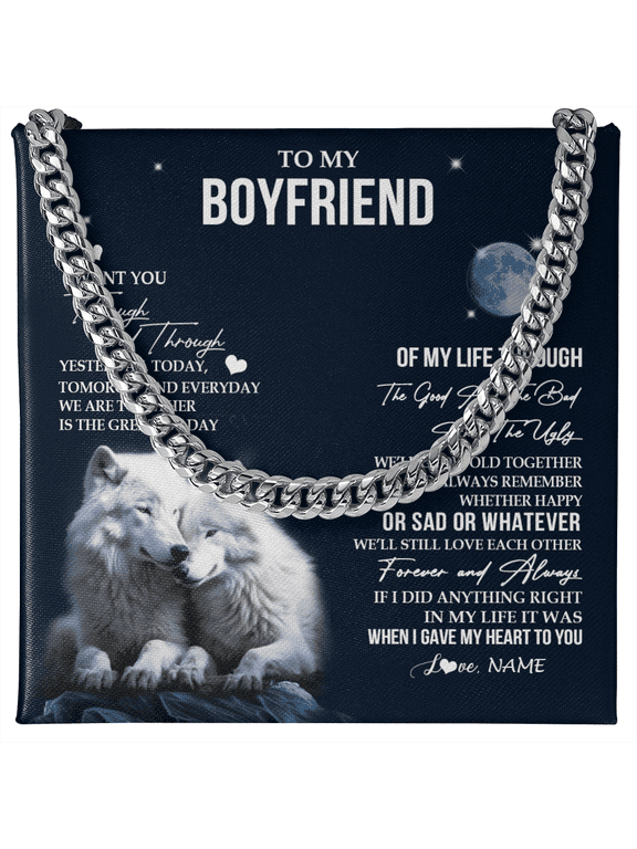 Personalized To My Boyfriend Necklace From Girlfriend I Want You Wolf Boyfriend Birthday Gifts Anniversary Valentines Christmas Customized Gift Box Message Card, Gold Cuban Link Necklace