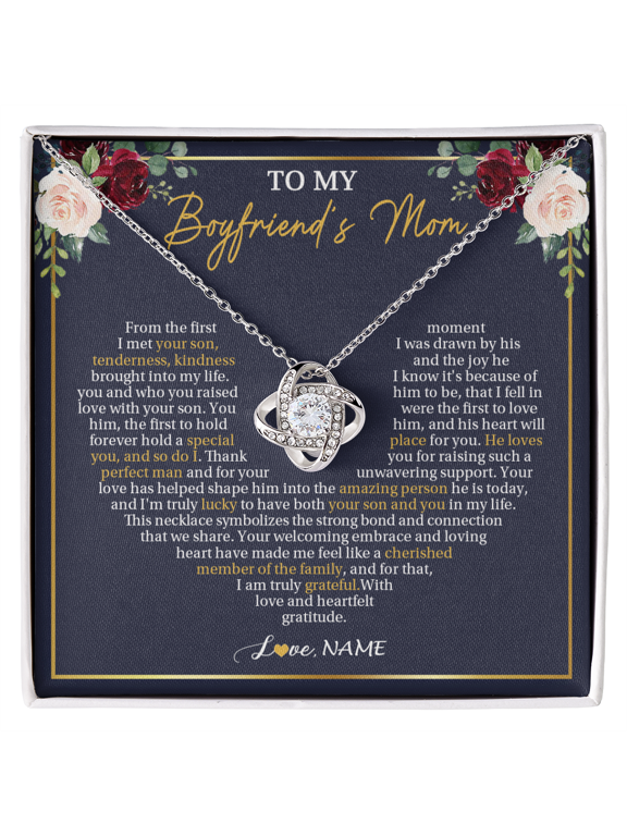 Personalized To My Boyfriend's Mom Necklace Gifts Truly Grateful Mother In Law Mothers Day Birthday Gifts Wedding Presents Customized Gift Box Message Card, White Love Knot Necklace
