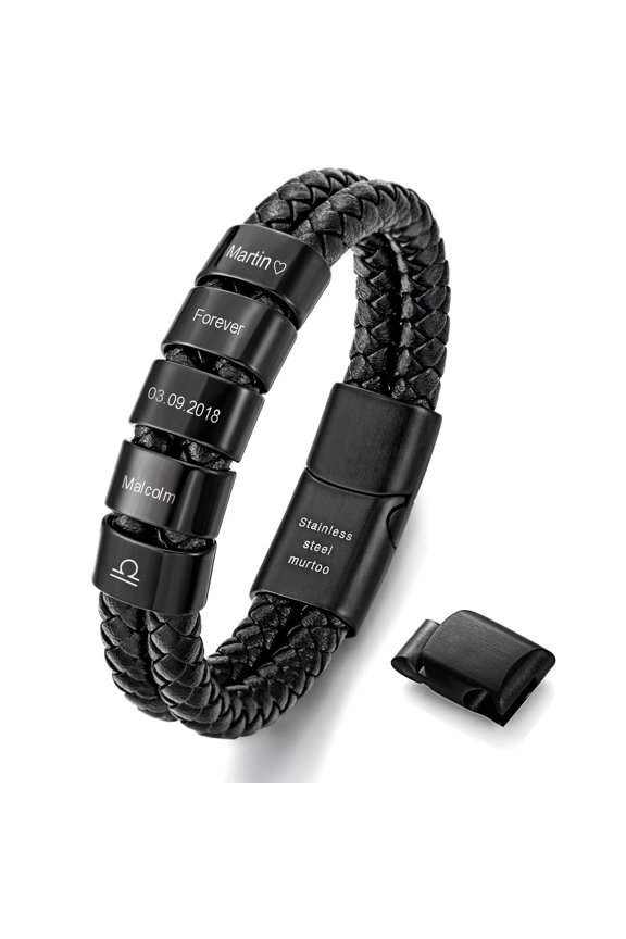 Personalized Bracelet - Custom Engraved Name Bracelet with 2-7 rings- Leather Cuff Bracelet for Women & Men - Perfect Gift for Birthdays, Anniversaries, Weddings