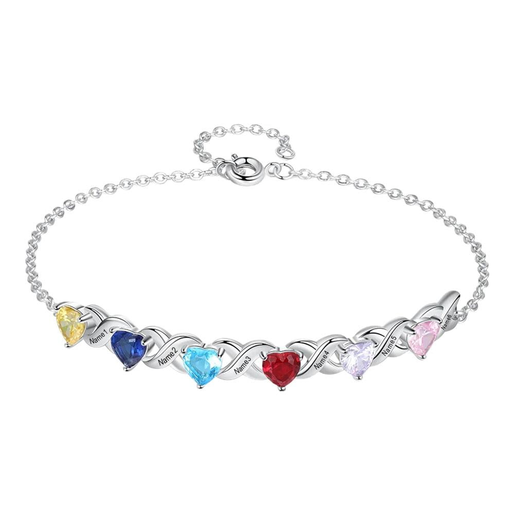 Personalized Bracelet With Heart Birthstones Engraved Names Bracelet ...