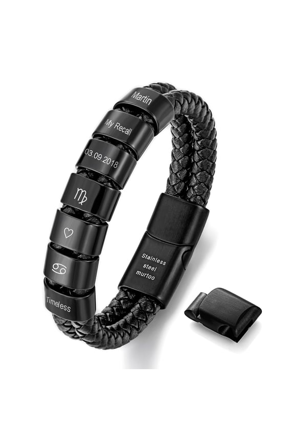 Personalized Bracelet for Men, Custom Engraved Leather Wristband with Adjustable Stainless Steel Clasp, Name Date Family Jewelry Gift